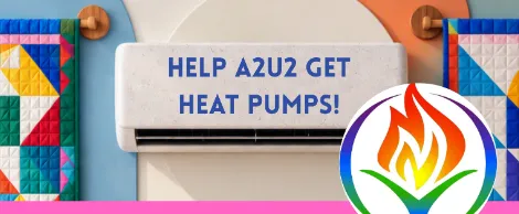 Help A2U2 get heat pumps! A heat pump beside a flaming chalice in rainbow colors.