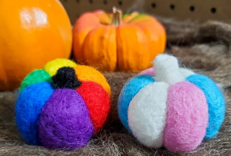 Rainbow and transgender pride felt pumpkins beside orange pumpkins.